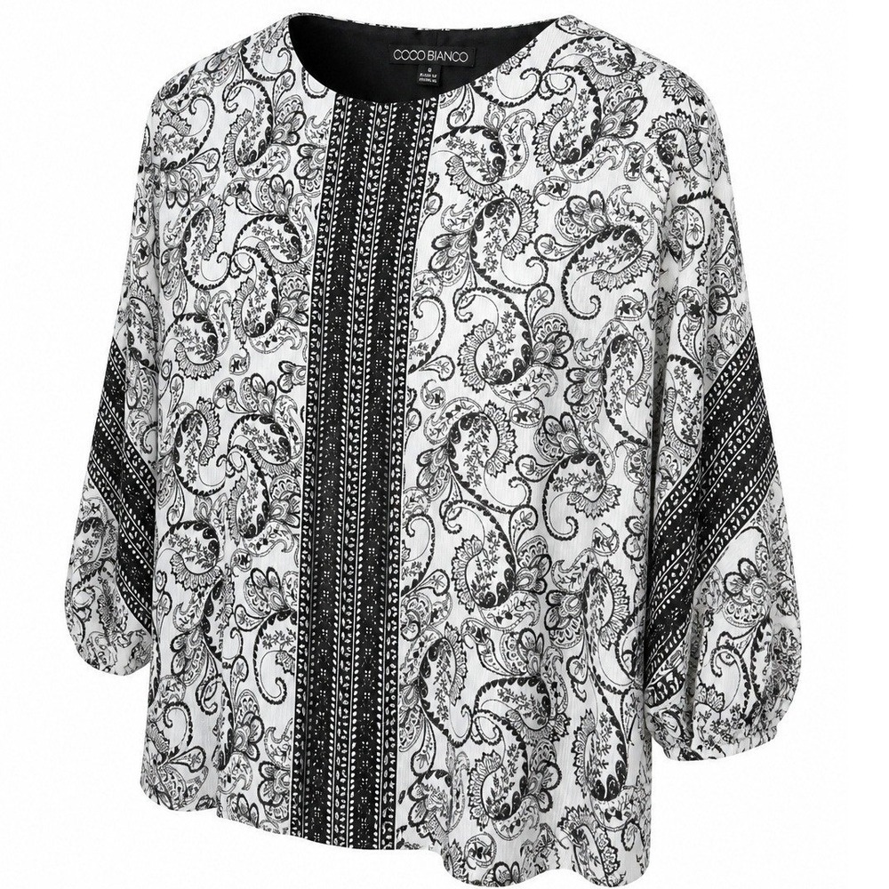 Coco Bianco Blouse S Womens Paisley 3/4 Sleeve Border Print Black White